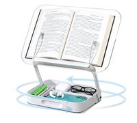 Support de Lecture, Panneau Acrylique Porte Livre Rotatif à 360°Hauteur Réglable porte Livre Ergonomique Pliable Support de Livre de Recettes de Cuisine avec Boîte de Rangement pour Livres Tablette