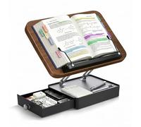 Support de livre avec rangement, support de lecture en bois pour bureau, hauteur et angle réglables, support mains libres pour livres scolaires, livres de cuisine, documents (finition noyer, grand