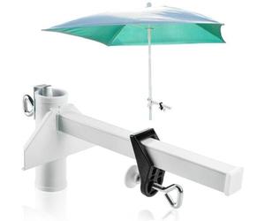 Support de parasol extra large, en métal avec revêtement par poudre, de couleur blanche. Fixation pour balcon et rambardes sans perçage, diamètre 28–38 mm, dimensions 33×14×14 cm
