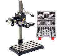Support de perçage et de fraisage BF1240 avec jeu de pinces, 58 pièces, 2 axes de déplacement verticaux/horizontaux, colonne de 500 mm, bras de 350 mm. Fabriqué en Allemagne