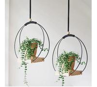 Support de Pot de fleur suspendu 2 pièces, panier suspendu en bois pour plantes décoratives de balcon (rond * noir)
