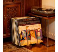 Support de rangement en bois de noyer et fer. Étagère de présentation de disque vinyle de style minimaliste vertical rétro. Organisateur compact pour tourne-disque et accessoires. 1 piècebois