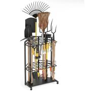 Support de rangement pour outils de jardin - Support d'angle - 31 emplacements - 8 crochets amovibles - Acier - Pieds de nivellement réglables - Autoportant - Noir