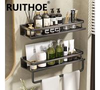 Support de salle de bain sans poinçon, étagère de salle de bain, espace de toilette en aluminium, sans perceuse, support suspendu, organisateur de salle de bain, accrocher au mur 30cm Grey Rack