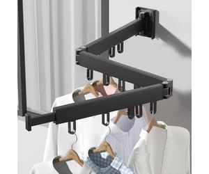 Support de séchage mural Barre de penderie 120 cm extensible et pliable - Séchoir à linge avec 18 crochets de suspension pour balcon et buanderie