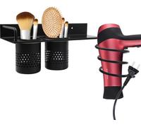 Support de sèche-cheveux, support de sèche-cheveux, pas besoin de percer, support mural de sèche-cheveux et de styling pour salle de bains d'hôtel, avec 2 compartiments et support de câble, aluminium,
