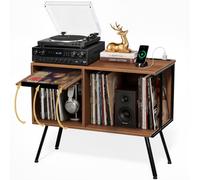 Support de tourne-disque avec étagère rabattable et station de charge | Plateau de rangement pour disques vinyles pouvant contenir jusqu'à 150 albums, plateau tournant avec affichage d'album