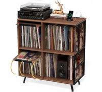 Support de tourne-disque avec étagère rabattable et station de charge | Support de rangement pour disques vinyles à 3 niveaux pouvant contenir jusqu'à 300 albums, plateau tournant avec affichage