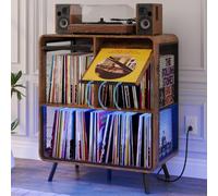 Support de tourne-disque avec rangement pour disques vinyles | Support de platine moderne du milieu du siècle avec prises de courant et lumière LED, étagère en vinyle pouvant contenir plus