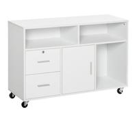 HOMCOM Support d'imprimante à 2 tiroirs, meuble de rangement sur roulettes, caisson de bureau avec étagères ouvertes et placard, 100 x 35 x 65 cm, blanc