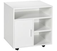 HOMCOM Support d'imprimante organiseur bureau caisson placard porte 3 niches + grand plateau panneaux particules blanc