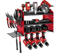 Support d'outils mural - Étagère à outils - Trois niveaux - Quatre supports pour visseuse/perceuse - Plaques perforées latérales - Pour garage atelier établi - Rouge