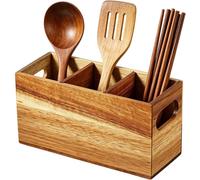 Support en bois pour ustensiles, conçu comme système d'organisation pour couverts, avec un compartiment triple extra-large, un plateau de travail en fibres de bambou et une finition rustique. Ensemble