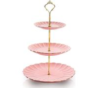 Support en céramique pour gâteaux - Assiette à étages pour service - Idéal pour le thé de l'après-midi - Design en forme de citrouille - 3 niveaux - 34,5 cm - Rose