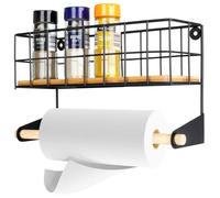 Vilde Étagère murale de cuisine – Porte-rouleau essuie-tout – Métal noir 32×10×18 cm – Bambou – Inoxydable