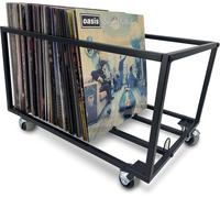 Support mobile pour vinyles, pouvant contenir jusqu'à 100 disques, avec structure métallique, roulettes pivotantes à 360° et housse anti-poussière, couleur noire