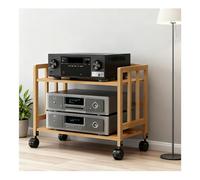 Support multimédia AV avec 2 niveaux, roulettes et étagères réglables, support HiFi en bambou, armoire multimédia audio pour lecteur DVD/console de jeu/TV Box (L x l x H) : 50 x 38 x 53 cm