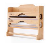 Support mural 3 en 1 Relaxdays pour rouleaux de papier, aluminium, film alimentaire, bambou, H x L x P : 27 x 35 x 9 cm.