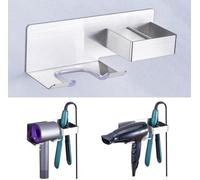 Support mural en acier inoxydable auto-adhésif pour sèche-cheveux et lisseurs – 2 compartiments, finition nickel brossé, adhésif 3M, fixation sans perçage, couleur argent