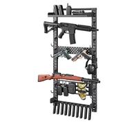 Support mural pour armes - Support pour fusils et étagère pouvant accueillir 5 fusils/fusils de chasse - Avec crochets en J - Tablette supplémentaire - Porte-chargeurs - Panneau MOLLE - Acier au carbo