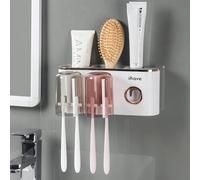 Support mural pour brosses à dents avec distributeur de dentifrice et 2 gobelets, fixation sans perçage, blanc et or