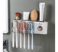 Support mural pour brosses à dents avec distributeur de dentifrice et 3 gobelets, fixation sans perçage, blanc et or