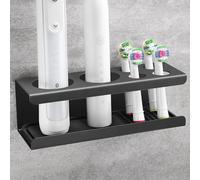 Support mural pour brosses à dents en acier inoxydable, finition noire mate, à fixer sans perçage. Il comprend un compartiment de rangement pour brosses à dents électriques et un tapis de séchage