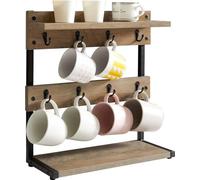 Support mural vintage Unyqoos® – Porte-gobelets avec 8 crochets et plateau de rangement pour plan de travail, cuisine, salle à manger et café, dimensions : 40 x 15 x 40 cm