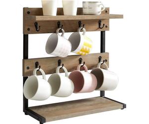 Support mural vintage Unyqoos® – Porte-gobelets avec 8 crochets et plateau de rangement pour plan de travail, cuisine, salle à manger et café, dimensions : 40 x 15 x 40 cm