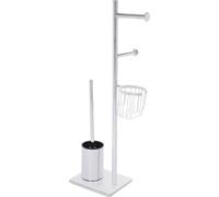 Support papier toilette - avec brosse WC - inox 201/304 - plaque de fond 20×16 cm, support 13,5 cm - panier de rangement Ø10,2×10 cm - argenté