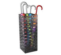 Support-parapluies Unyqoos® moderne, en fer revêtu par poudre, de forme carrée et de couleur noire. Design en treillis, idéal pour les entrées et les bureaux. Permet de ranger les parapluies et les ca