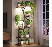 Support Plante Intérieur 8 Niveaux avec Lampe LED de Croissance, Porte Plante Vintage Bois Métal, Étagère à Fleurs pour Salon Balcon