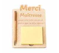Support Post-it Personnalisé en Bois avec Stylo (Option) - Cadeau Maîtresse Fin d’Année Scolaire - Support Bureau avec Bloc de Post-it - Cadeau Enseignant, ATSEM, Nounou