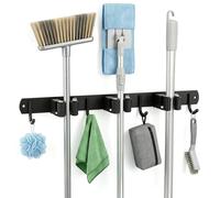 Support pour balai, en acier inoxydable, noir, avec 3 supports et 4 crochets