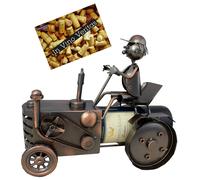 Support pour bouteilles de vin en forme de tracteur, avec un décor représentant un conducteur de tracteur. Objet décoratif
