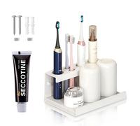 Support pour brosses à dents en acier inoxydable, 4 emplacements, 20 cm de haut, de couleur blanche, avec base en pierre ponce. Peut être fixé par perçage ou par collage