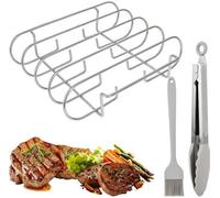 Support pour côtes en acier inoxydable Unyqoos® avec accessoires pour barbecue : design à double colonne, comprenant une brosse en silicone résistante à la chaleur et une pince en acier inoxydable, id