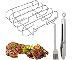 Support pour côtes en acier inoxydable Unyqoos® avec accessoires pour barbecue : design à double colonne, comprenant une brosse en silicone résistante à la chaleur et une pince en acier inoxydable, id
