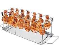 Support pour cuisses de poulet, grille de barbecue avec 14 emplacements, en acier inoxydable, avec bac de récupération, couleur argent