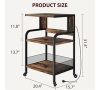 Support pour imprimante - Chariot à roulettes avec 3 niveaux - Station de charge intégrée avec prises et ports USB - Étagère réglable - Panier en osier - Marron