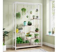 Support pour plantes d'intérieur à 5 niveaux- Tribesigns- Étagère en métal de 180 cm avec 10 crochets de suspension en S, Blanc