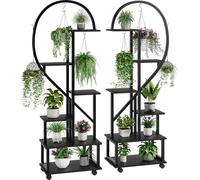 Support pour plantes - Étagère à fleurs avec roulettes - Lot de 2 - En forme de demi-cœur - 6 niveaux - Métal - Noir