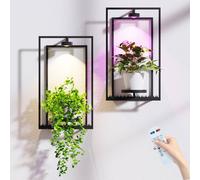 Support pour plantes, fixation murale, lot de 2, étagère murale pour plantes avec cadre métallique et télécommande, décoration de cadre photo, support mural pour pot de fleurs avec lampe d'appoint pou