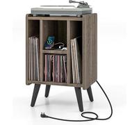 Support pour platine vinyle avec station de charge, table pour platines vinyle avec 4 étagères ouvertes, support vintage pour disques, table d'appoint pour salon ou bureau, 43x34,5x67,5 cm (gris)