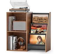 Support pour platine vinyle en bois brun avec système de rangement pour vinyles