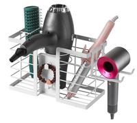 Support pour sèche-cheveux, étagère pour sèche-cheveux - Acier inoxydable - Blanc - 3 compartiments et 2 crochets latéraux - Pour salle de bain et salon de coiffure