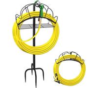 Support robuste pour tuyau d'arrosage avec coffret de rangement et robinet à fermeture automatique, pour terrasses et pelouses.