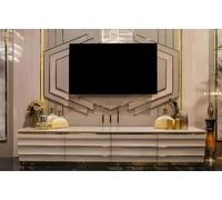 Support TV beige exclusif, éléments dorés, idéal pour le salon, en bois