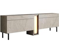 Support TV moderne avec éclairage LED, aspect travertin, 180 cm | 100% revêtu de mélamine, pieds en métal, télécommande RGB | Design élégant et fonctionnel