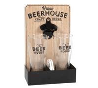 Support verres à bière (x2) en eucalyptus et métal avec décapsuleur intégré 17.5x27.5x9cm Transparent